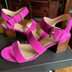 JCREW 3-strap stacked-heel sandal, suede, pink / “vibrant fuschia”, size 8.5/39